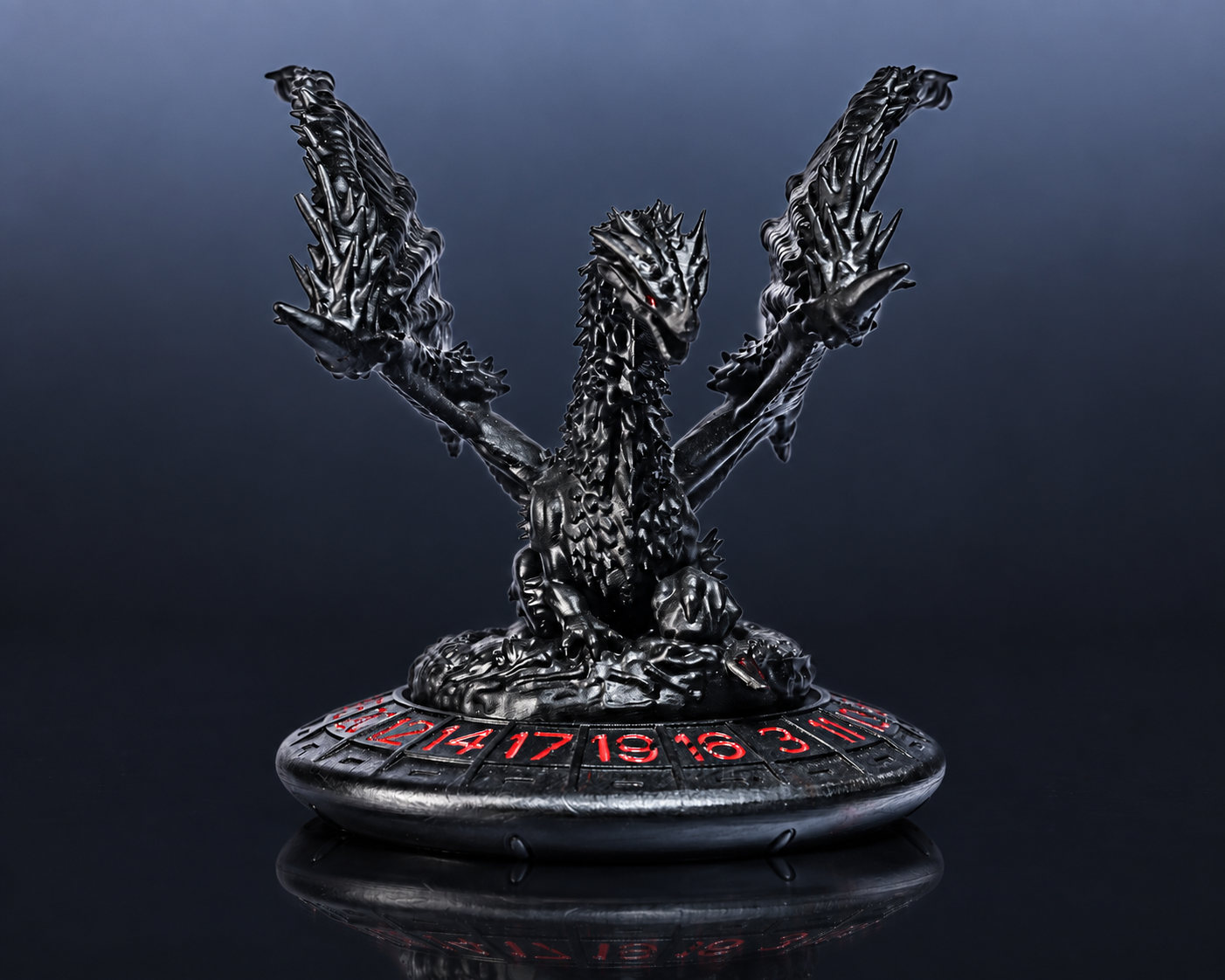 Dark dragon-shaped metal dice spinner with red numerals