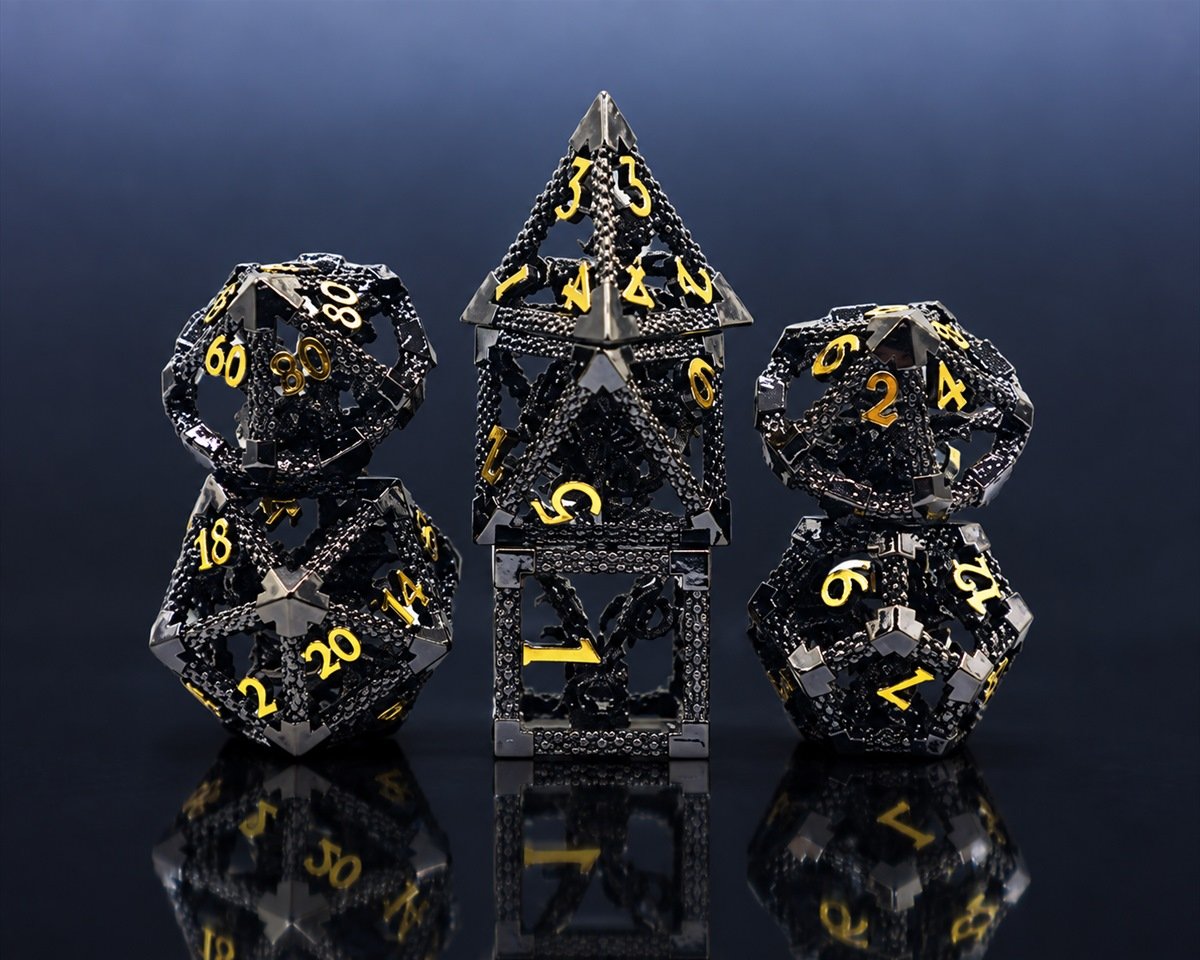Dark hollow metal dice with yellow numerals on a reflective background