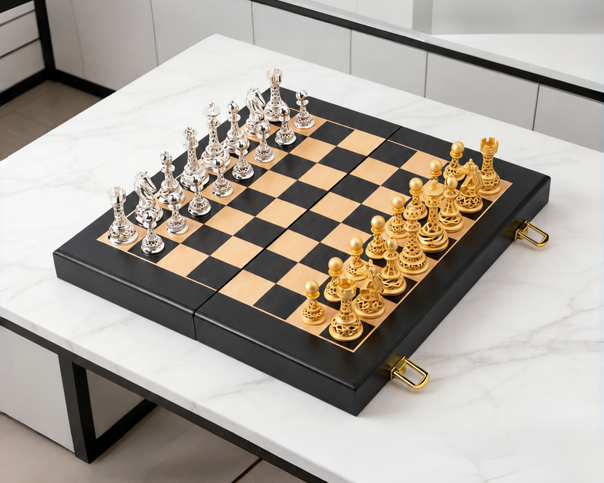 Folding chess board with gold and silver pieces