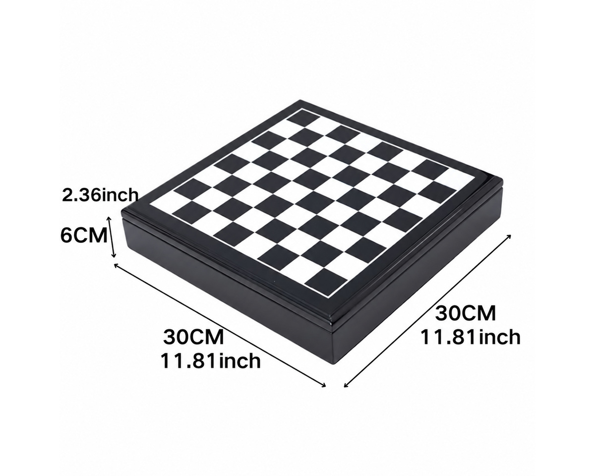 Folding chess board dimensions showing 30 by 30 by 6 centimeters