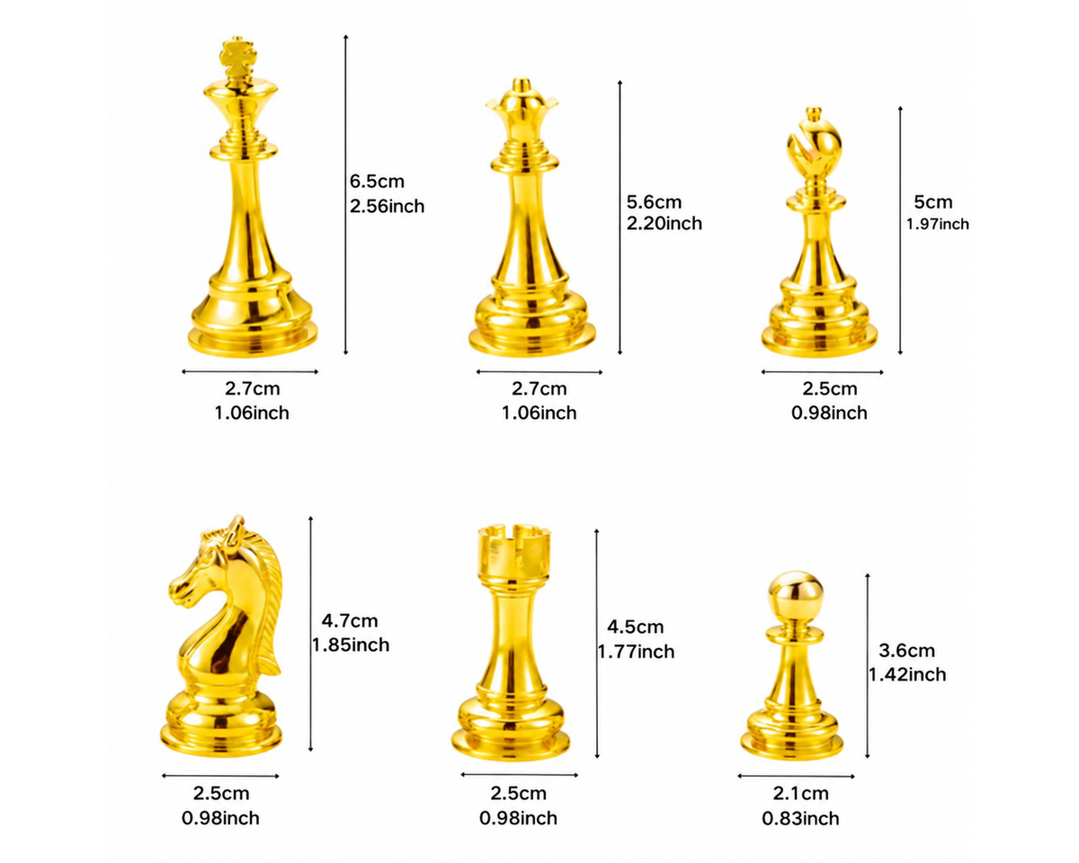 Gold chess piece dimensions shown in centimeters and inches
