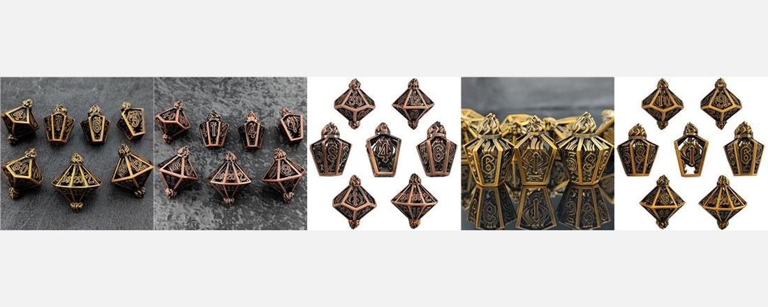 Hollow Flame Lantern Metal Dice Set detail 2