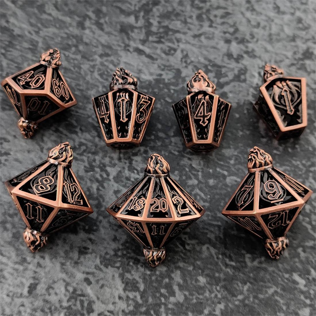 Hollow Flame Lantern Metal Dice Set detail 3
