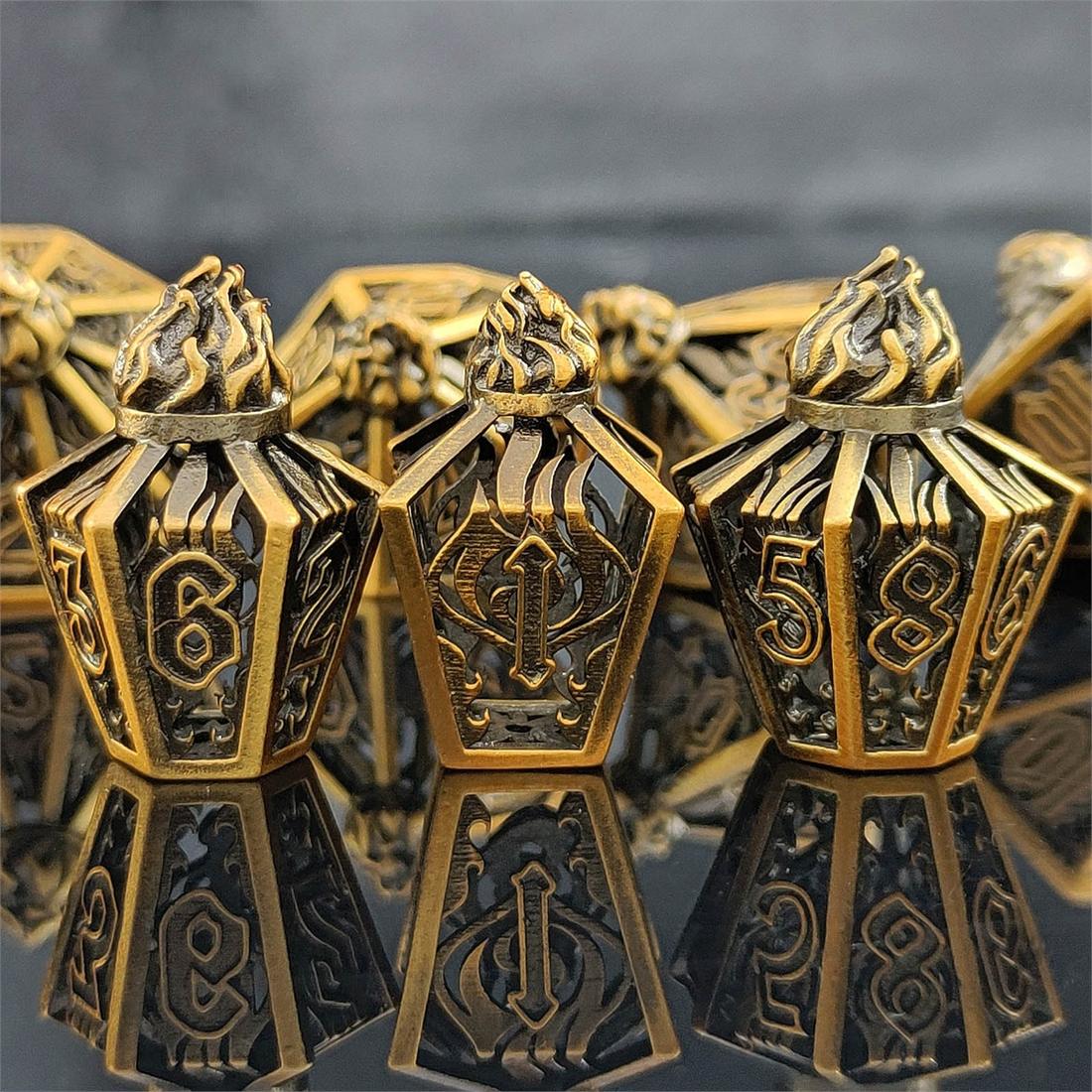 Hollow Flame Lantern Metal Dice Set detail 5