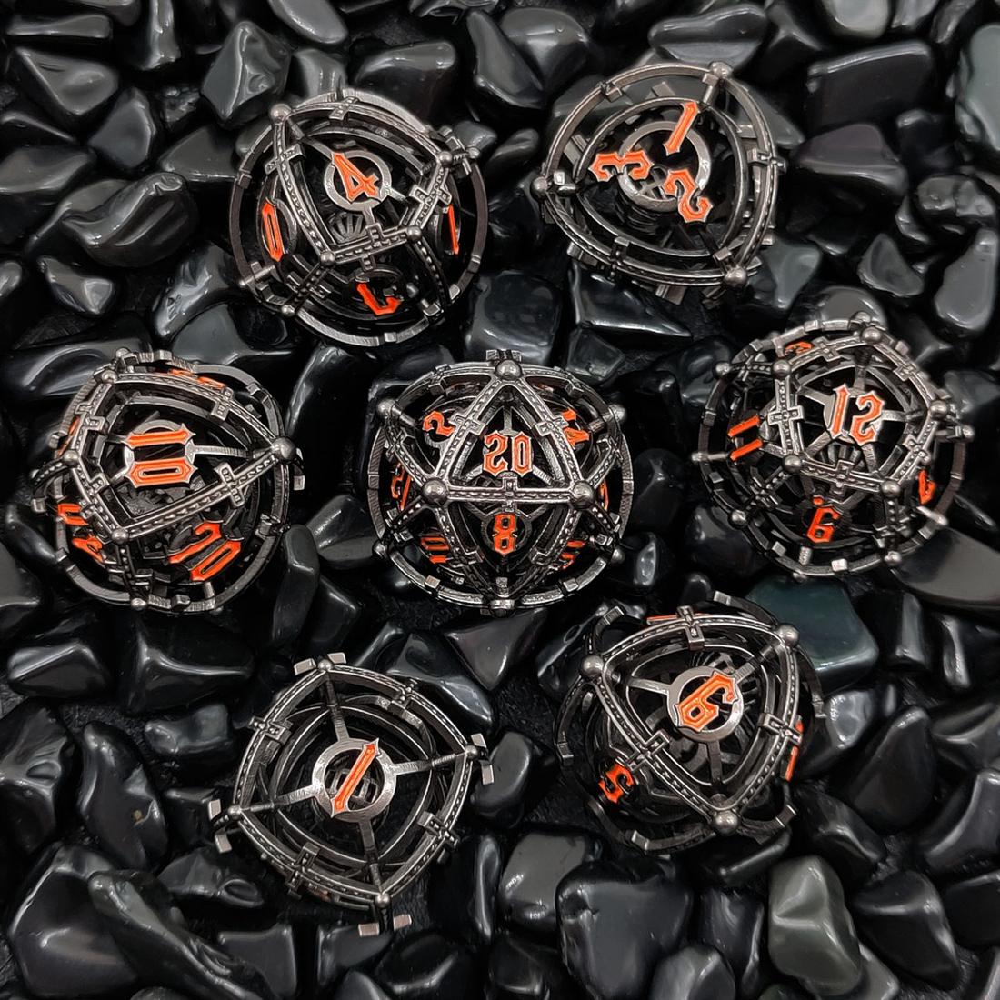 Hollow Orbit Cage Metal Dice Set