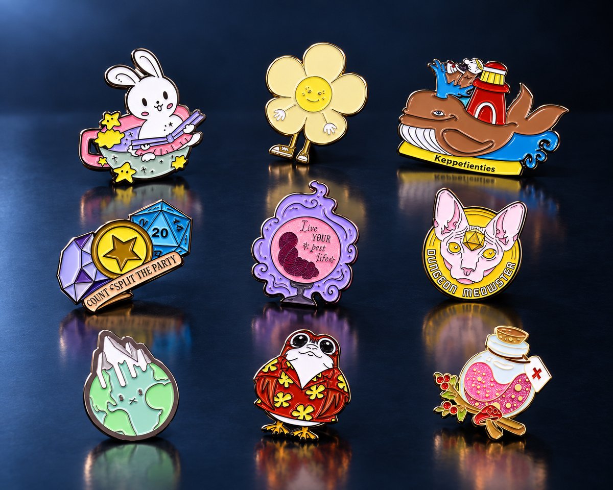Colorful custom enamel pins displayed on a dark blue reflective background