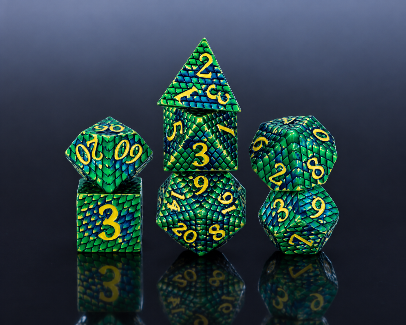 Green and blue dragon-scale metal dice with yellow numerals
