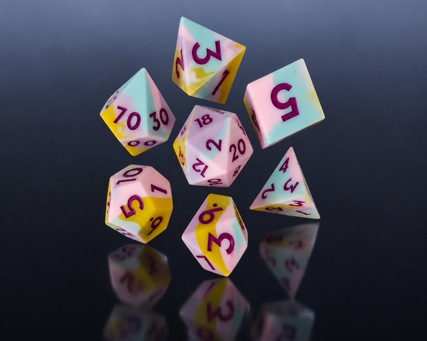 Pastel pink blue and yellow silicone dice with magenta numerals