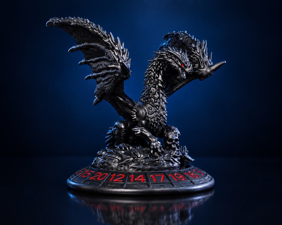 Black sculpted dragon roulette dice spinner with red numerals on a dark blue background